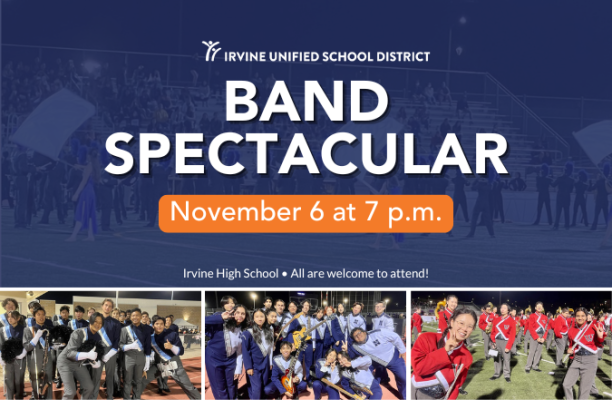 Students from last year's Band Spectacular with the event information for this year overlayed