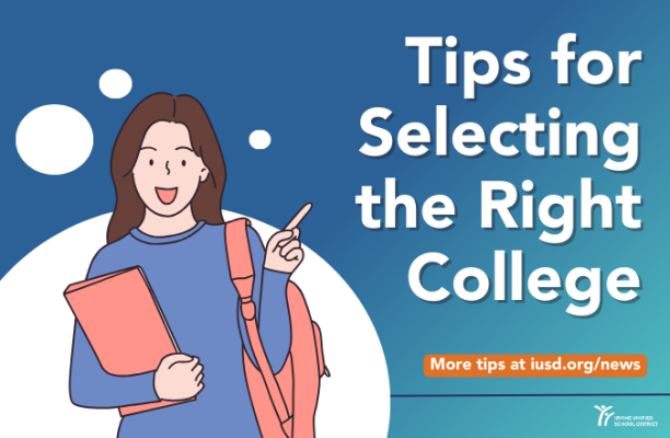 Graphic student pointing at text stating "Tips for selecting the right college"