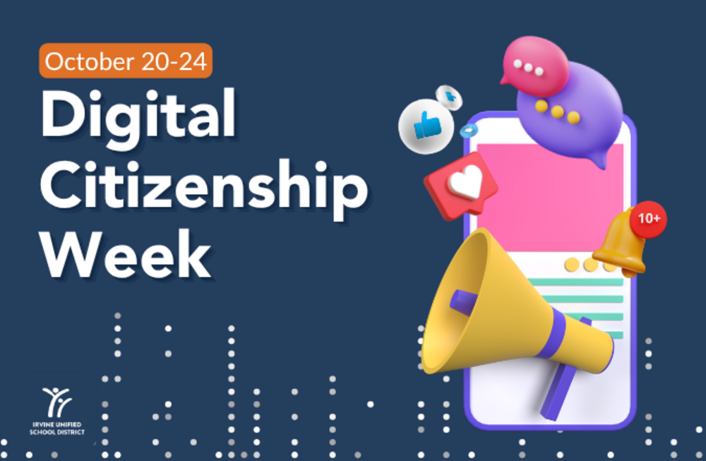 Phone with social media emojis coming out of it with text saying "Digital Citizenship Week"