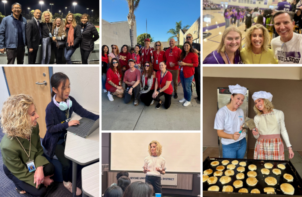 A group of people pose for a photo outdoors, some wearing red.