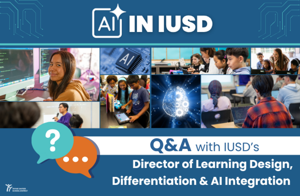 Students and educators explore AI in education, with the text 'AI in IUSD'.