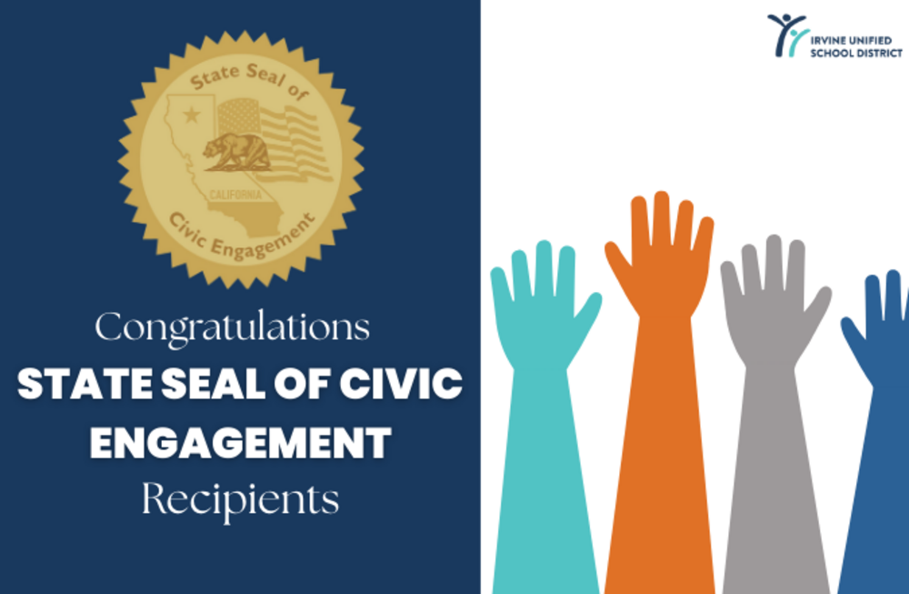Image congratulating recipients of the State Seal of Civic Engagement, with raised hands.
