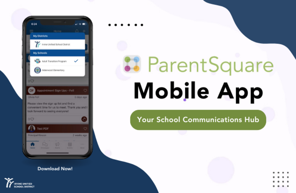 A smartphone displays the ParentSquare mobile app, showing school district and school selection options.