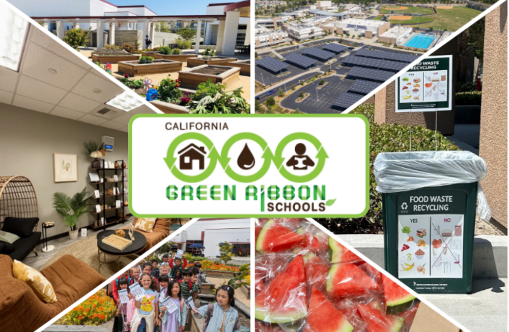 Photo collage of students, IUSD facilities and solar panels