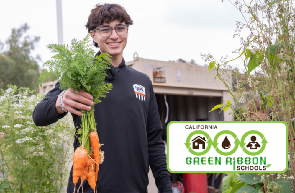 A smiling student holds a bunch of freshly harvested carrots, showcasing produce from a school garden.