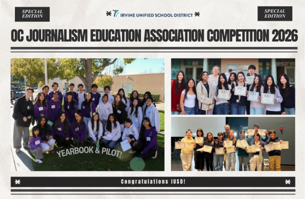 Students from Irvine Unified School District pose for photos after the OC Journalism Education Association Competition 2026.