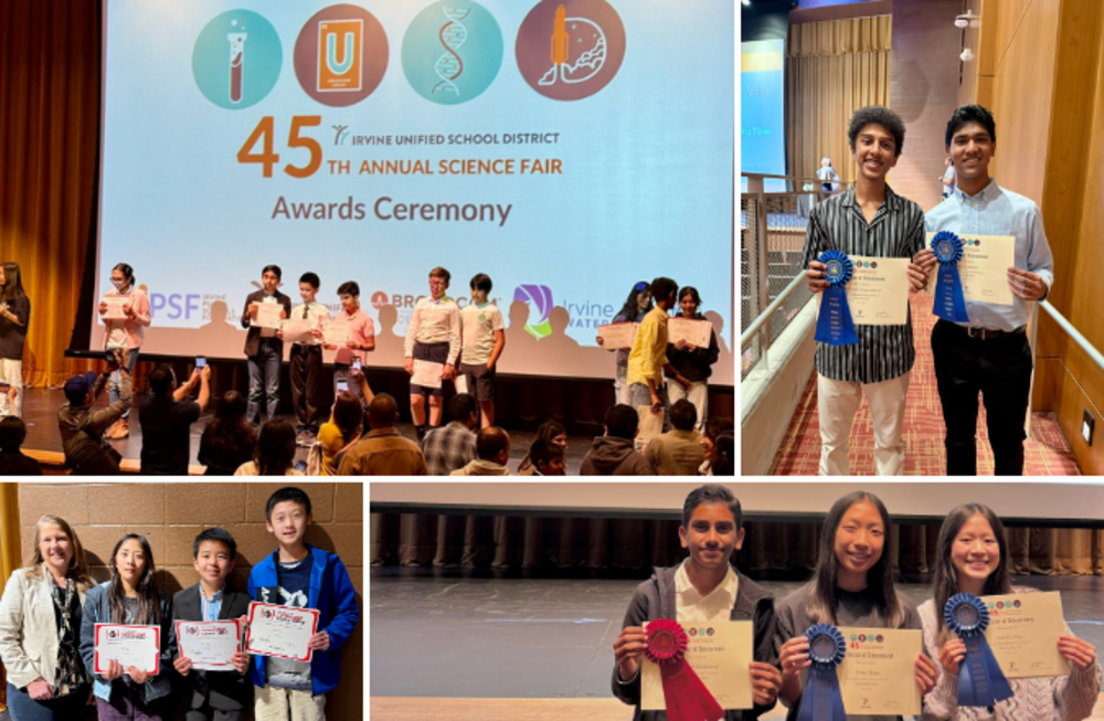 Students receive awards at the 45th Annual Irvine Unified School District Science Fair Awards Ceremony.