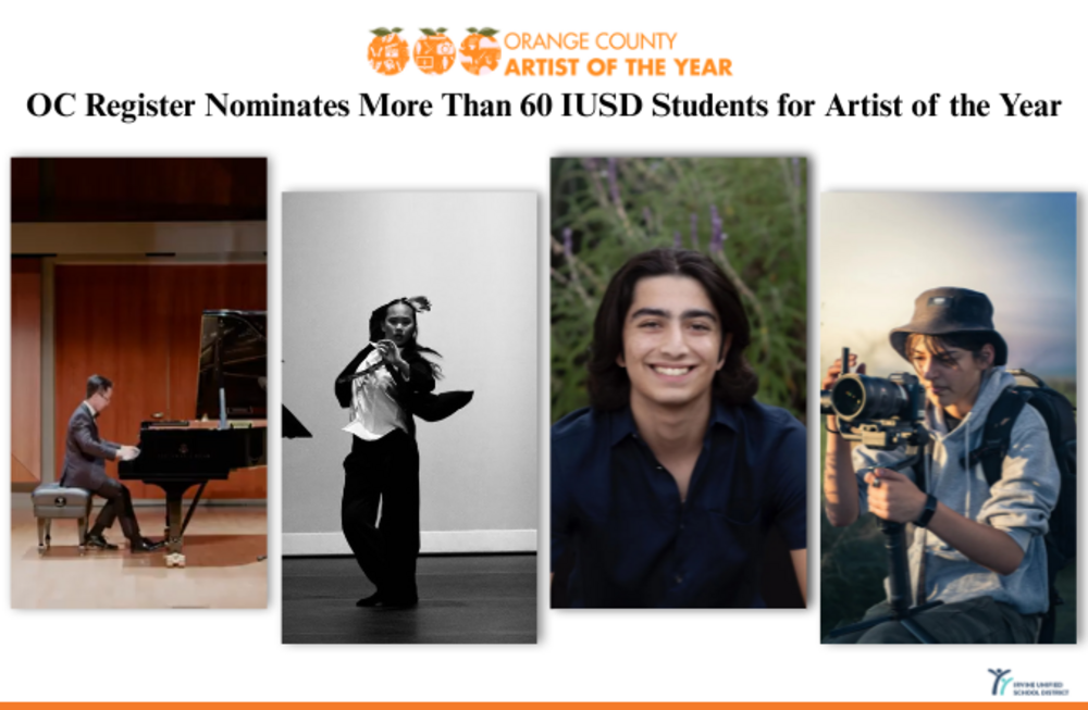 Four student artists are showcased: a pianist, a dancer, a smiling young man, and a filmmaker.