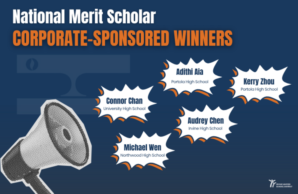 Graphic announcing National Merit Scholar Corporate-Sponsored Winners with names and high schools.
