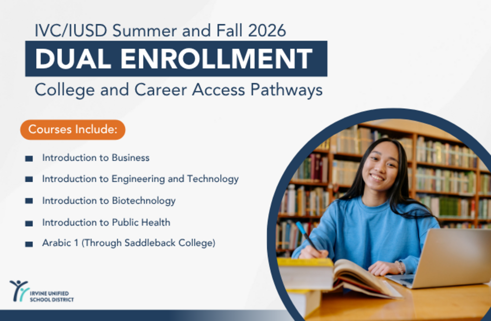 A smiling student studies in a library with a laptop and books, promoting IVC/IUSD Dual Enrollment.