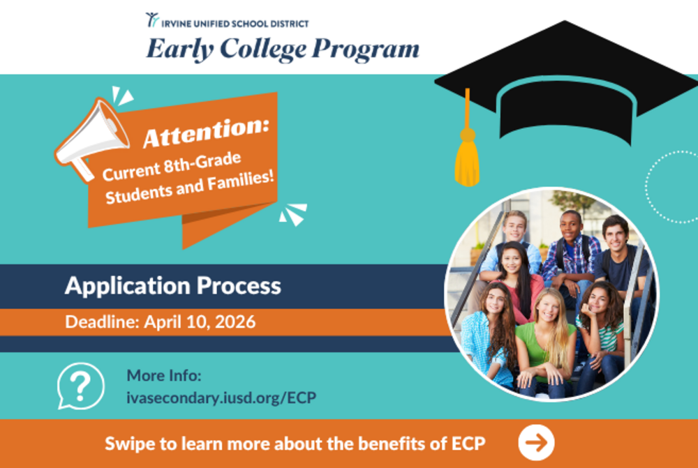 Irvine Unified School District's Early College Program announcement for 8th-grade students and families.