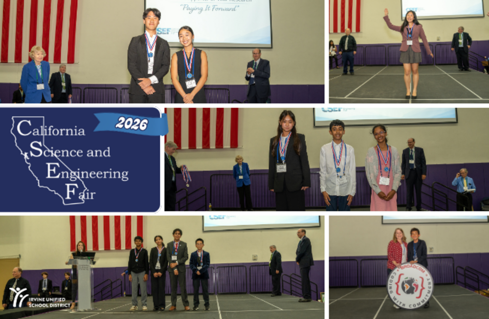 Students stand on a stage at the California Science and Engineering Fair, receiving awards.