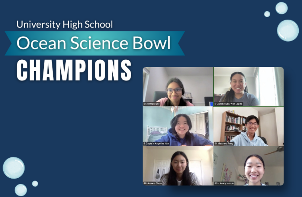 University High School Ocean Science Bowl VICTORY displayed with a grid of smiling students and their coach.