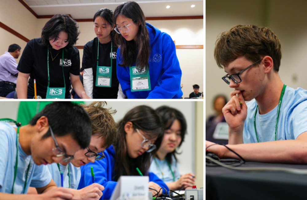 Uni High students wearing NSB lanyards focus intently on their work at tables.