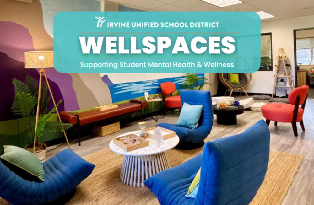 A comfortable lounge area with blue chairs, a mural, and plants, labeled 'Wellspaces: Supporting Student Mental Health & Wellness'.