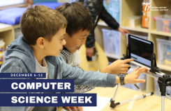 Text: Computer Science Week; Photo: Children on iPad