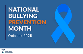 "National Bullying Prevention Month" text with a blue ribbon in support of the month