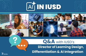 Students and educators explore AI in education, with the text 'AI in IUSD'.