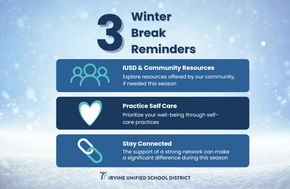 Infographic with winter break reminders: IUSD & Community Resources, Practice Self Care, and Stay Connected.