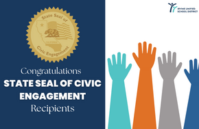 Image congratulating recipients of the State Seal of Civic Engagement, with raised hands.