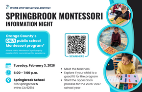 Information night for Springbrook Montessori program at Springbrook School on Tuesday, February 3, 2026, from 6:00-7:00 p.m.