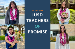Four teachers are honored as IUSD Teachers of Promise for 2025-2026, each wearing leis and holding flowers.