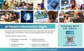 Collage of students engaged with technology, including laptops and computer screens, with the text 'AI Parent Information Night'.