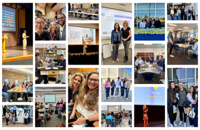Three individuals smile for a selfie in front of a blurred audience.