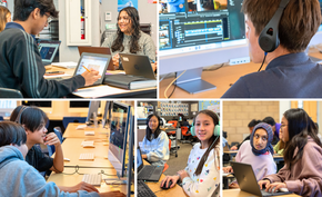 Students collaborate around laptops and tablets in a classroom setting.