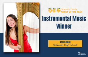 Naomi smiles next to a golden harp, recognized as the Orange County Artist of the Year for Instrumental Music.
