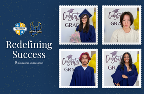 Four graduates in blue caps and gowns are featured in individual photo frames with the text 'Congrats GRAD' and balloons.
