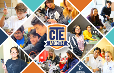 CTE Month logo with photos of CTE students