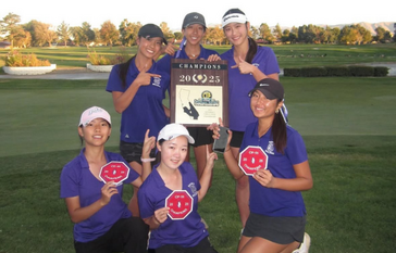 Portola girls golf holding CIF winning plaque and patches