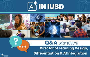 Students and educators explore AI in education, with the text 'AI in IUSD'.