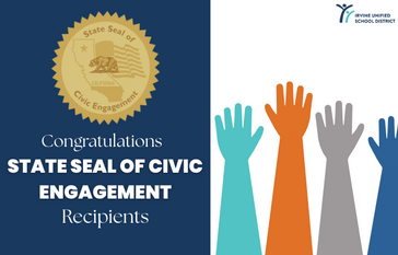 Image congratulating recipients of the State Seal of Civic Engagement, with raised hands.