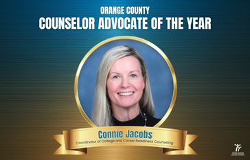 Headshot of Connie Jacobs with Orange County Counselor Advocate of the Year title