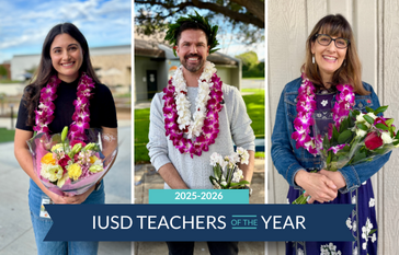 Three smiling teachers, each wearing leis and holding bouquets, are honored as IUSD Teachers of the Year for 2025-2026.