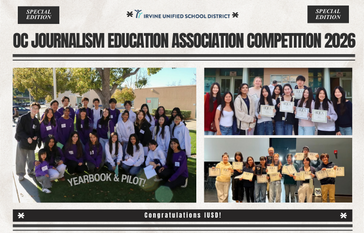 Students from Irvine Unified School District pose for photos after the OC Journalism Education Association Competition 2026.