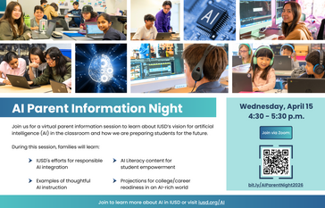 Collage of students engaged with technology, including laptops and computer screens, with the text 'AI Parent Information Night'.