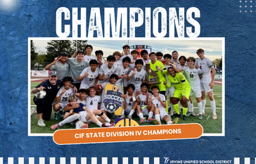 A soccer team celebrates their victory, holding a trophy and sign