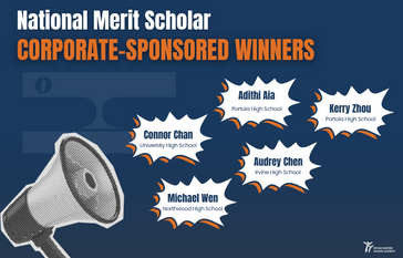 Graphic announcing National Merit Scholar Corporate-Sponsored Winners with names and high schools.