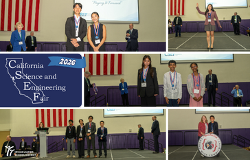 Students stand on a stage at the California Science and Engineering Fair, receiving awards.
