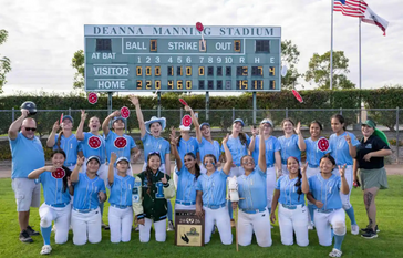 IHS Softball Team holding CIF winning plaque and celebrating with CIF patches