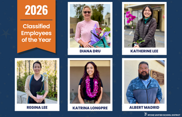 The 2026 Classified Employees of the Year are honored with portraits: Diana Dru, Katherine Lee, Regina Lee, Katrina Longpre, and Albert Madrid.