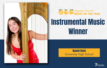 Naomi smiles next to a golden harp, recognized as the Orange County Artist of the Year for Instrumental Music.