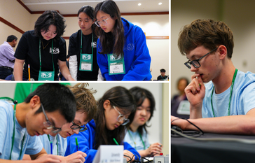 Uni High students wearing NSB lanyards focus intently on their work at tables.
