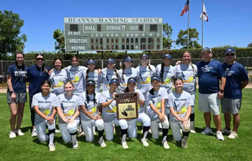 A softball team celebrates their Division 5 CIF-SS Championship win, holding trophies and wearing their uniforms.