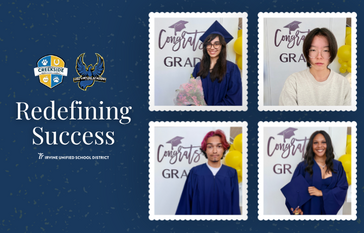 Four graduates in blue caps and gowns are featured in individual photo frames with the text 'Congrats GRAD' and balloons.