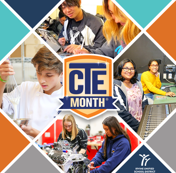 CTE Month logo with photos of CTE students