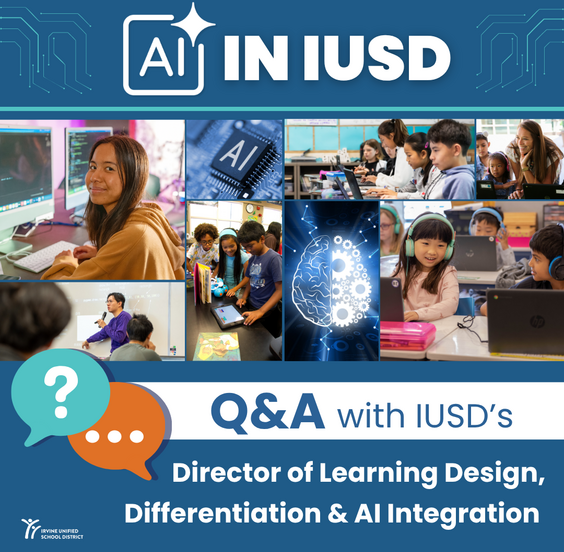 Students and educators explore AI in education, with the text 'AI in IUSD'.